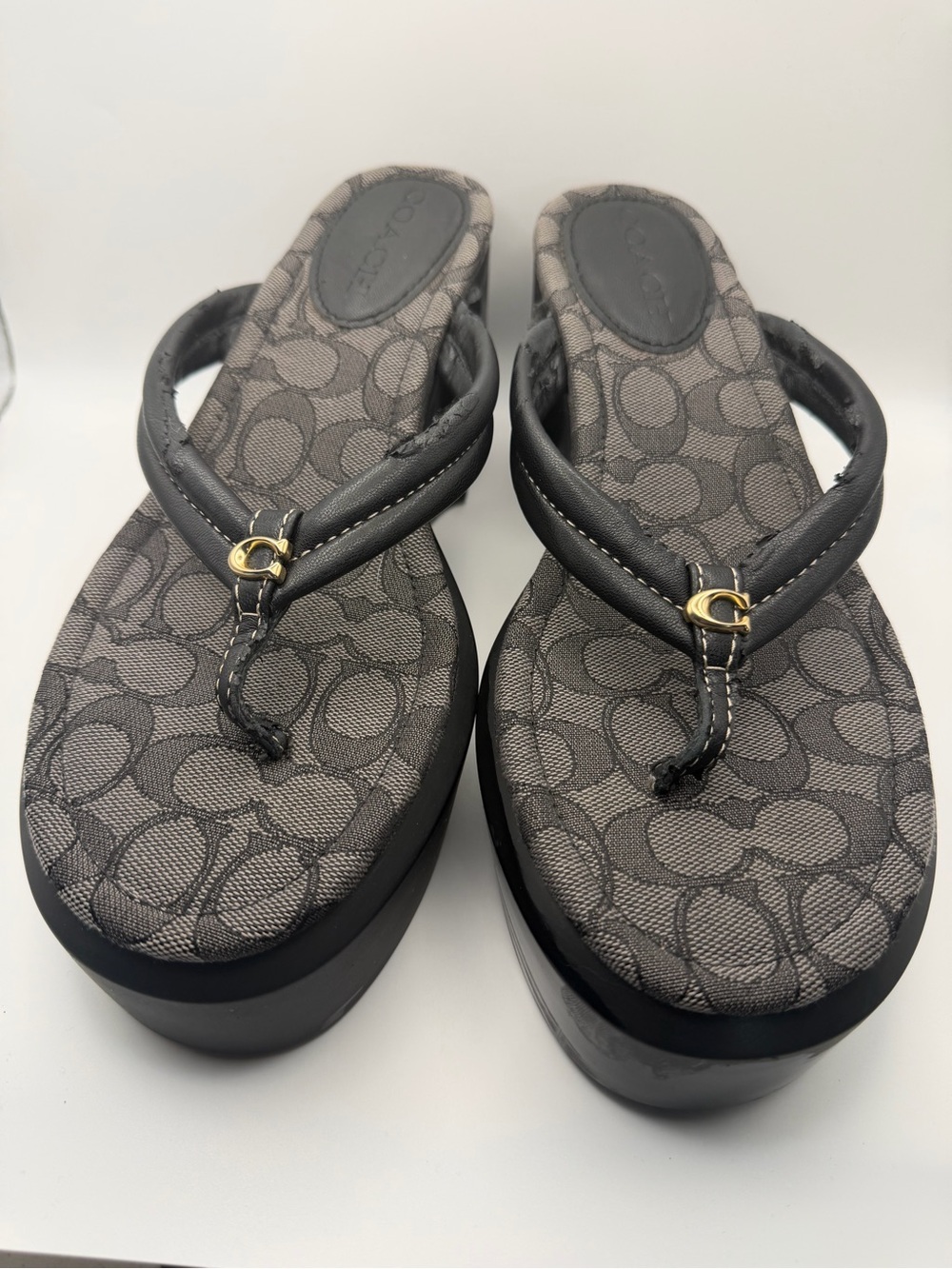 Coach (Women's 10B) Franki Leather Sandals Flip Flops Signature Jacquard Black